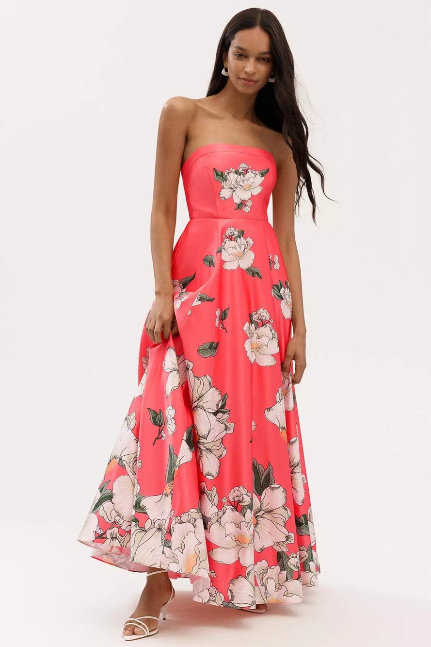 BHLDN Savannah Pink Floral Elegant Strapless Satin A Line Corset Dress NWT 0